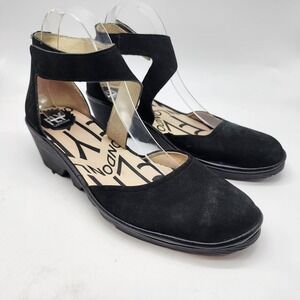 Fly London Piat Ankle Strap Wedge Sandals Womens 40 US 9-9.5 Black Suede Comfort